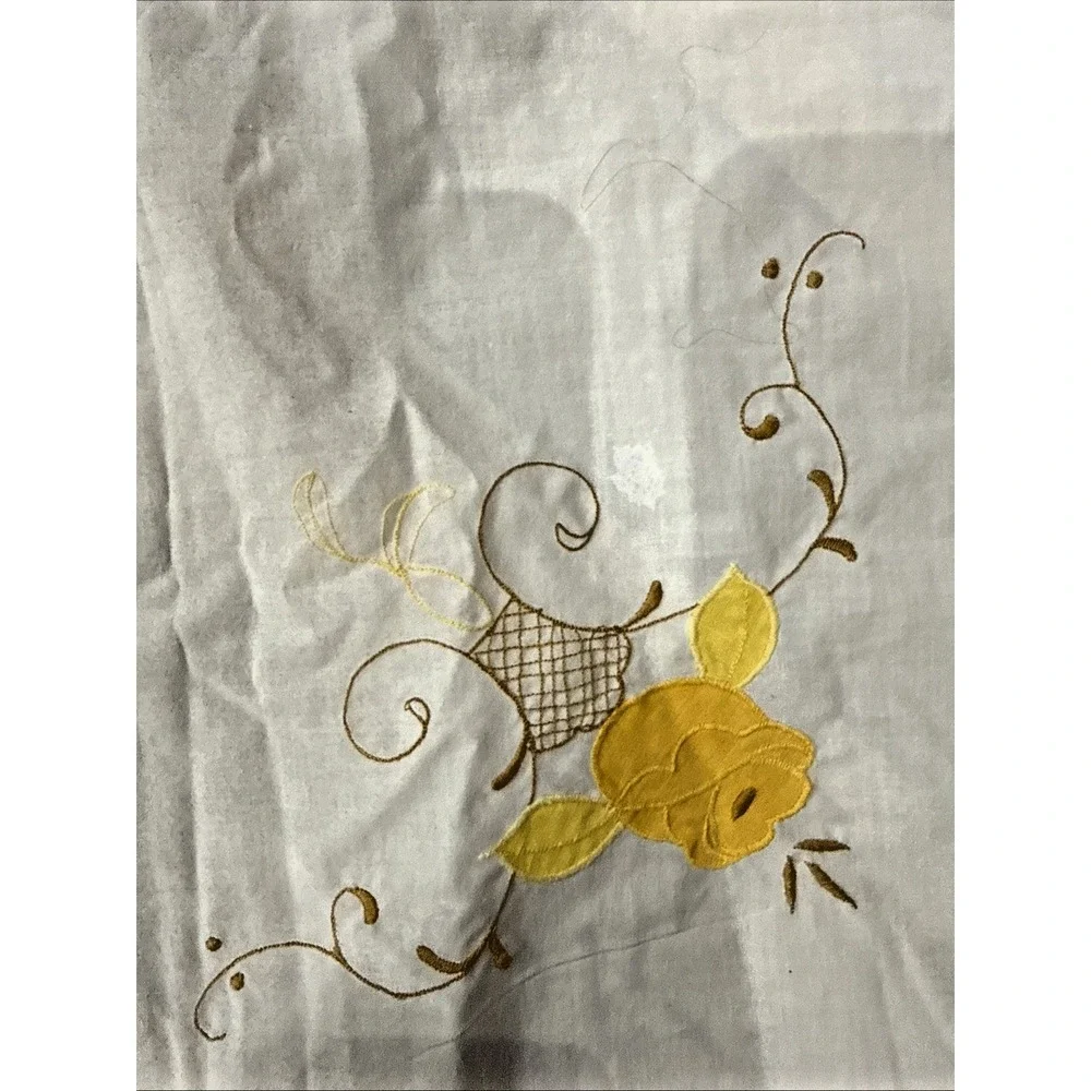 Vintage Hand Embroidered Linen Tablecloth White Yellow Floral 102x62 Rectangular